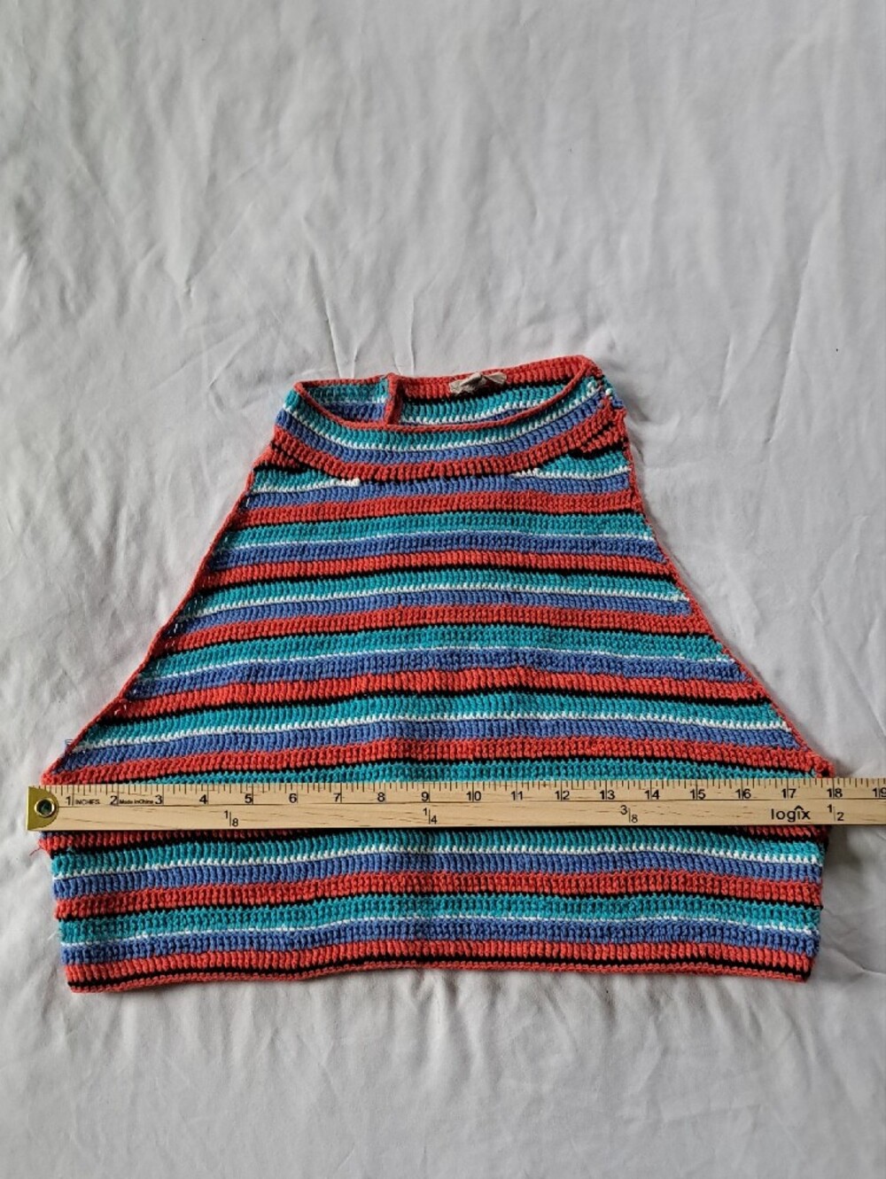 ​Ecote Striped Crochet Cotton Halter Tank Top Coral Teal Blue Boho Beach Size L - Picture 7 of 12
